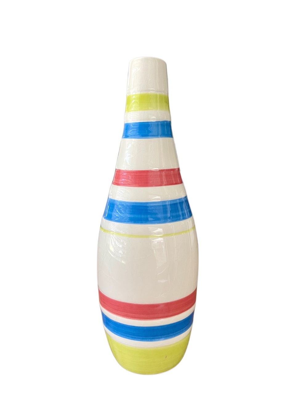 VTG MCM MULTI STRIPE CERAMIC VASE 9.75” RED BLUE LIME GREEN RAISED BANDS RARE